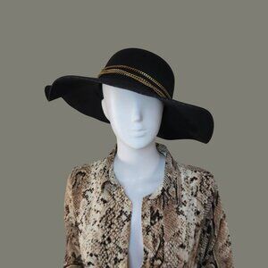 Lot of 2 Wide-Brim Tan/ Black Wool Floppy Hat With Braided/ Chain Band & Tassels